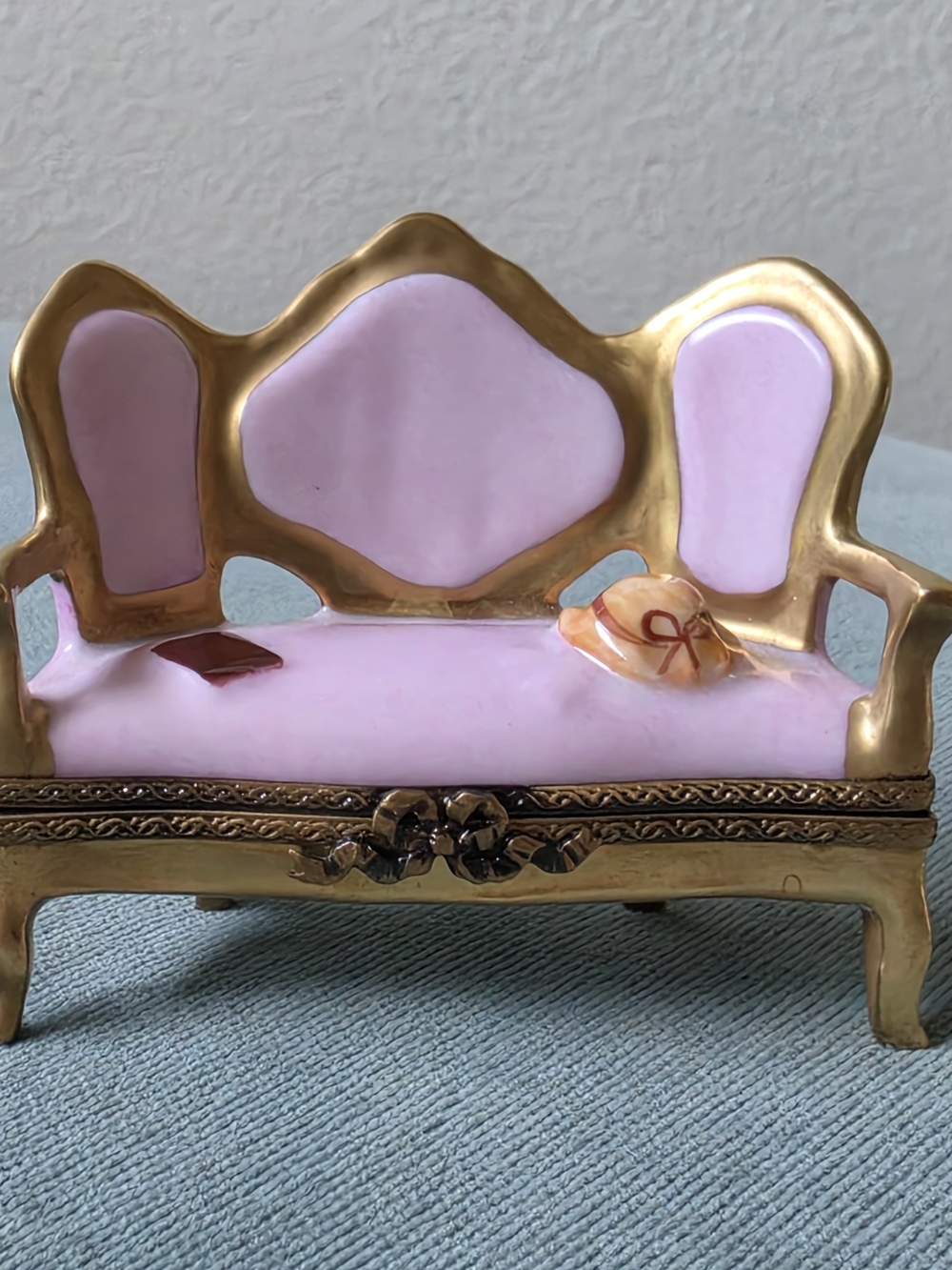 Limoges France Hand-Painted Porcelain Pink Mini Settee Sofa Trinket Box